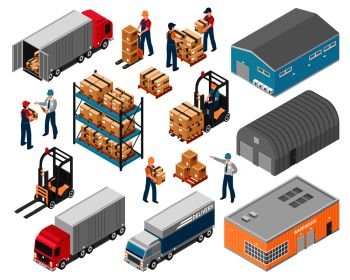 Isolated isometric warehouse logistic icon set with warehouse building trucks and cargo vector illustration. Isometric Warehouse Logistic Icon Set