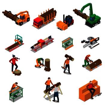 Colored and isolated sawmill timber mill lumberjack isometric icon set with sawmill worker and his tools vector illustration. Sawmill Timber Mill Lumberjack Icon Set 