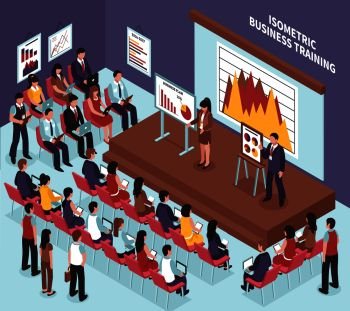 Speakers showing presentation at business training conference 3d isometric vector illustration. Isometric Business Training Illustration