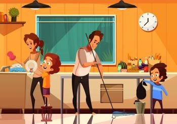 Kids helping parents cleaning kitchen retro cartoon poster with floor sweeping and washing dishes abstract vector illustration . Kids Helping Cleaning Cartoon Poster 