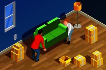Moving people isometric composition with new residence room interior carton boxes and couple characters moving sofa vector illustration. New Home Isometric Composition