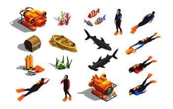 Scuba diving snorkelling isometric icons with isolated human characters wet suit equipment bathyscaph and  ground objects vector illustration. Underwater Swimming Elements Collection