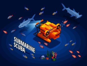 Scuba diving snorkelling isometric composition with orange bathyscaph surrounded by different fishes and seaweed with text vector illustration. Submersible Vessel Isometric Background