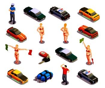 Street racing drift isometric icons set of isolated high-powered and police cars with human characters vector illustration. Automobile Racing Icon Set