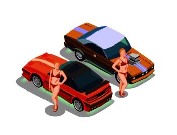 Street racing drift isometric composition with two customized racing cars and topless female model faceless characters vector illustration. Auto Racing Girls Composition