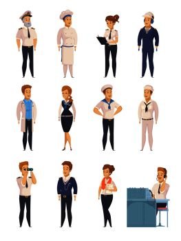 Yacht ship cruise liner crew characters cartoon icons set with captain cook stewardess sailor isolated vector illustration . Yacht Ship Cartoon Characters Set