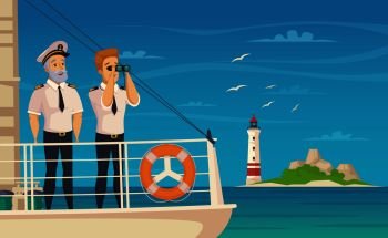 Yacht cruise liner captain and first chief officer on bow front of the ship cartoon vector illustration . Ship Crew Captain Cartoon Poster 