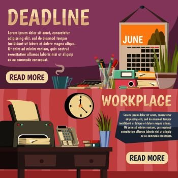 Two horizontal office orthogonal banner set deadline and workplace descriptions with read more buttons vector illustration. Office Orthogonal Banner Set