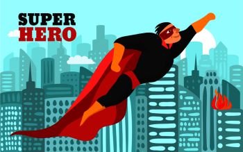Smiling superhero in red black clothing and mask, flying over city at day time vector illustration. Superhero In City Illustration