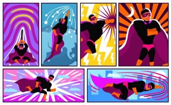 Set of banners and posters in comics style with superhero actions on colorful background isolated vector illustration. Superhero Banners And Posters Comics Style