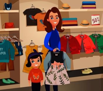 Colored flat childrens clothing store composition with mother and daughter try on clothes vector illustration. Childrens Clothing Store Illustration
