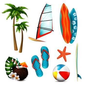 Summer surf vacation essentials colorful icons set with gear palms starfish fresh coconut cocktail isolated vector illustration . Summer Surf Vacation Items Set