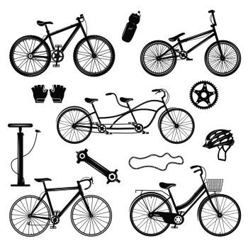 Bicycle vintage elements collection of isolated silhouette images with different bike models spare parts and accessories vector illustration. Bicycle Vintage Elements Set