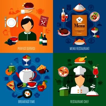 Restaurant menu and staff 2x2 design concept isolated on colorful backgrounds flat vector illustration. Restaurant 2x2 Design Concept