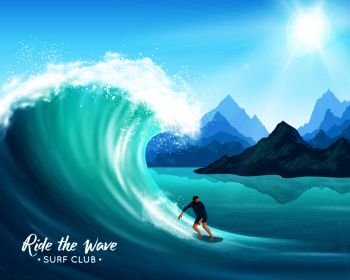 Surfer and big ocean wave on rocks background, sun and blue sky, natural landscape vector illustration. Surfer And Big Wave Illustration