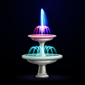 Outdoor water cascade fountain with neon lighting at night realistic closeup image isolated object vector illustration . Night Fountain Neon Lights Realistic 
