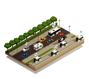 Smart city traffic assistance technology integrating cars in infrastructure isometric view busy road composition poster vector illustration . Smart City Traffic Isometric  Composition