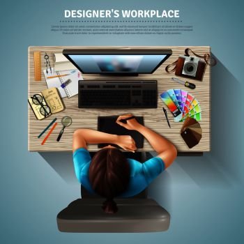 Workplace table of female designer with computer camera and stationery top view realistic vector illustration. Designer Top View Illustration