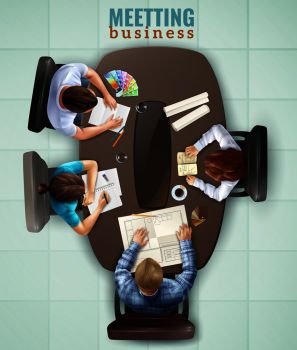 Group of people having business meeting at office top view realistic vector illustration. Top View Meeting Illustration
