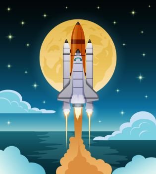 Space exploration flat composition with shuttle launch on blue background with glowing moon and stars vector illustration. Space Exploration Flat Composition