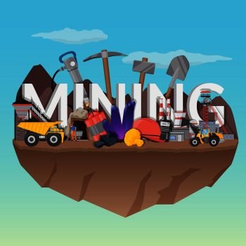 Mining flat composition with typographic lettering, equipment and machineries, workers, plant on blue sky background vector illustration . Mining Flat Composition