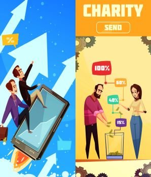 Two flat vertical banners on crowdfunding theme with  business startup and charity box cartoon compositions vector illustration. Two Flat Vertical Banners On Crowdfunding Theme