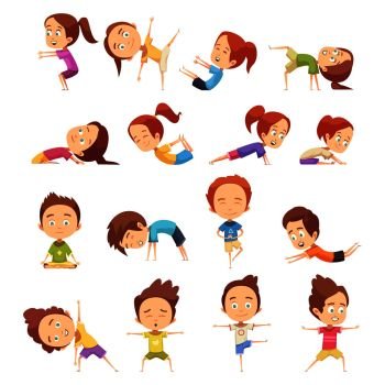 Kids yoga decorative icons set with cute cartoon children in different yoga poses flat vector illustration. Kids Yoga Decorative Icons Set