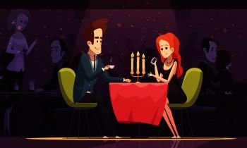 Young couple having romantic dating and drinking coffee at table in restaurant interior flat cartoon vector illustration . Young Couple Drinking Coffee In Restaurant 