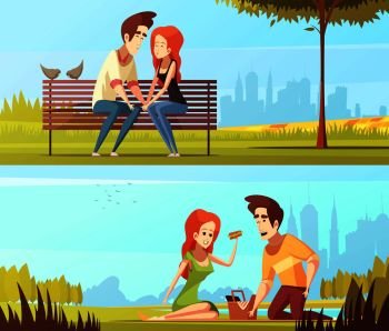 Couple in love horizontal banners with young isolated people resting on nature in park flat vector illustration. Couple In Love Horizontal Banners