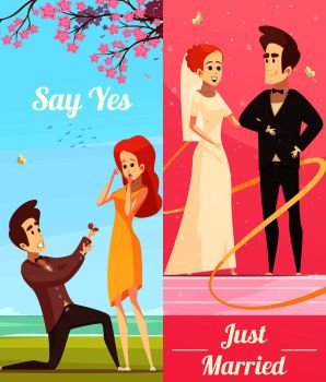 Couple in love vertical banners with young man offering hand and heart and honeymooners just married flat vector illustration. Couple In Love Vertical Banners