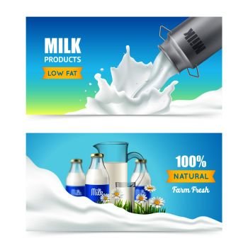 Milk product horizontal banners set with steel cream can glass bottles and flowers images with text vector illustration. Low-Fatty Milk Banners