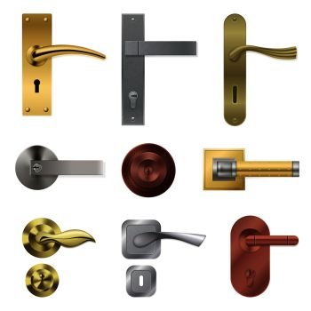 Realistic door handle collection with isolated metal lever images of different shape and colour with keyholes vector illustration. Door Handle Realistic Set