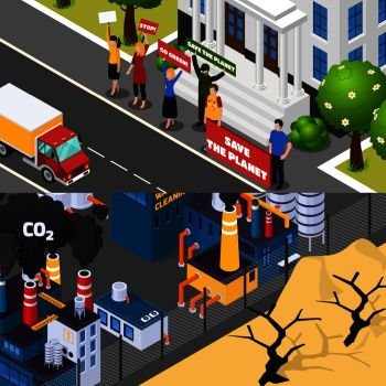 Global warming isometric horizontal banners with street manifestation for save planet, factory co2 emissions isolated vector illustration. Global Warming Isometric Banners