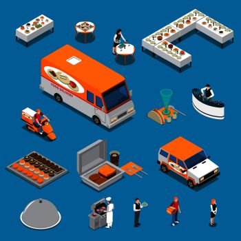 Catering set of isometric icons with chef and waiters, eating on tables, food delivery isolated vector illustration . Catering Isometric Icons Set