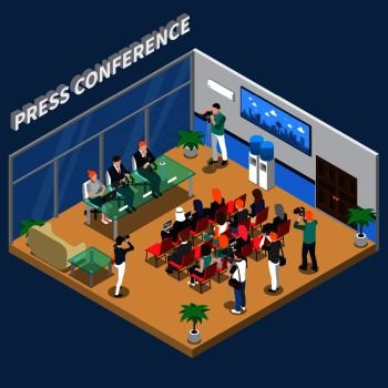 Press conference isometric composition with speakers and auditorium, video and photo shooting on blue background vector illustration . Press Conference Isometric Composition