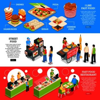 Fast food restaurants streets mobile carts and home delivery orders menu 3 isometric horizontal banners vector illustration . Fast Food Isometric Banners Set
