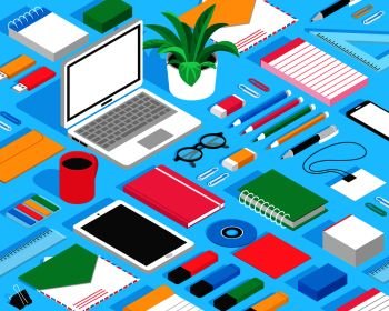 Classic office stationary accessoires colorful mockup isometric seamless design with erasers notepads markers glasses blue background vector illustration . Stationary Isometric Mockup Seamless Pattern 