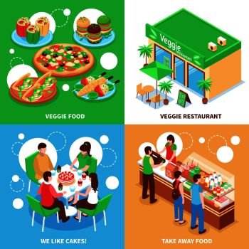 Vegetarian 2x2 design concept set of veggie food veggie restaurant take away food and favorite cakes square icons isometric vector illustration . Vegetarian 2x2 Design Concept