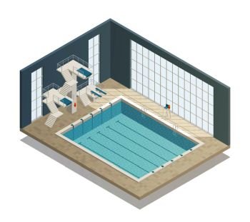 Bath sport and leisure center with 6 lane indoor swimming pool and diving platforms isometric vector illustration . Swimming Pool Indoor Isometric Composition 