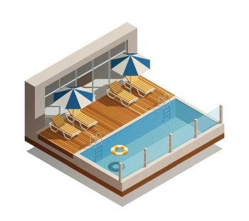Outdoor swimming pool in recreation facility with parasol umbrellas beach lounge chairs and lifebuoy isometric composition vector illustration . Swimming Pool Outdoor Isometric Composition 