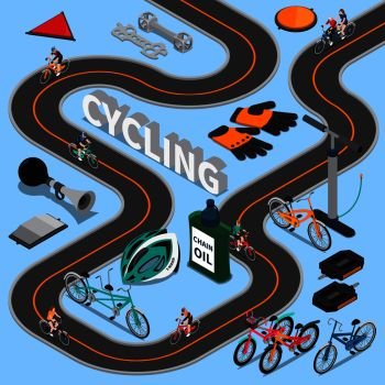 Cycling isometric composition with bikers on road, sports equipment and service tool on blue background vector illustration. Cycling Isometric Composition