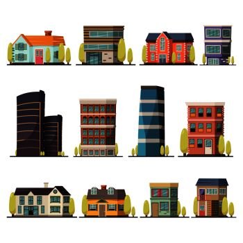 Orthogonal decorative icons set of living buildings including urban towers and village cottages isolated flat vector illustration. Living Buildings Orthogonal Set