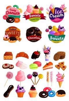 Isolated trendy sweets stickers icon set with tasty donuts sweets ice cream natural product baked sweets and other descriptions vector illustration. Trendy Sweets Stickers Icon Set