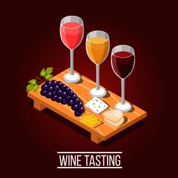 Isometric wine production background with images of wooden carving board wine glasses grape and cheese pieces vector illustration. Wine Tasting Isometric Background