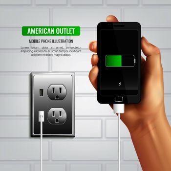 Colored stylish american outlet mobile phone composition with charging the black phone vector illustration. American Outlet Mobile Phone Composition