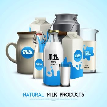 Milk product background with realistic images of branded milk packaging of different shape with editable text vector illustration. Natural Milk Products Background
