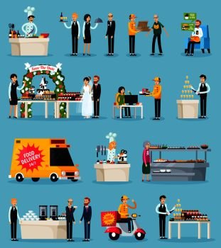 Catering set of orthogonal flat icons with chef and waiters, food delivery, events, canteen isolated vector illustration . Catering Orthogonal Flat Icons Set