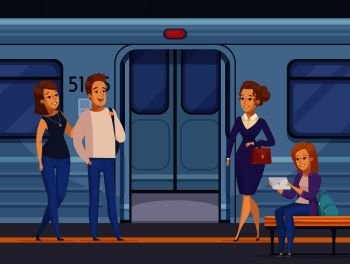 People waiting at subway underground station with open metro train doors on background cartoon composition  vector illustration. Subway Underground Station Passengers Cartoon 