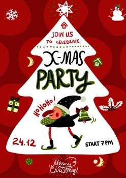 Xmas party poster with santa on ski, white year tree, festive decorations on red background vector illustration. Xmas Party Poster