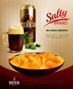 Salty snacks composition with images of can and glass of beer and chips dish with text vector illustration. Beer Snacks Background Poster